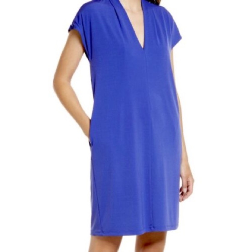 Halogen Pleat Detail V Neck Shift‎ Blue Spectrum XXS